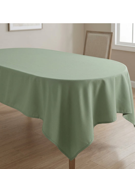 Fbwjg Oval Polyester Tablecloth Sage 60 by 102 Inch - Lifestyle view