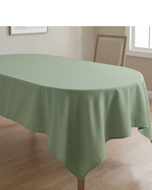 Fbwjg Oval Polyester Tablecloth Sage 60 by 102 Inch - Lifestyle view